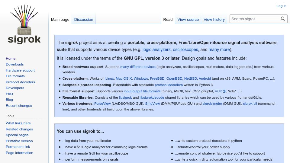Screenshot of sigrok.org: Sigrok – a portable, cross-platform, FOSS signal analysis software suite