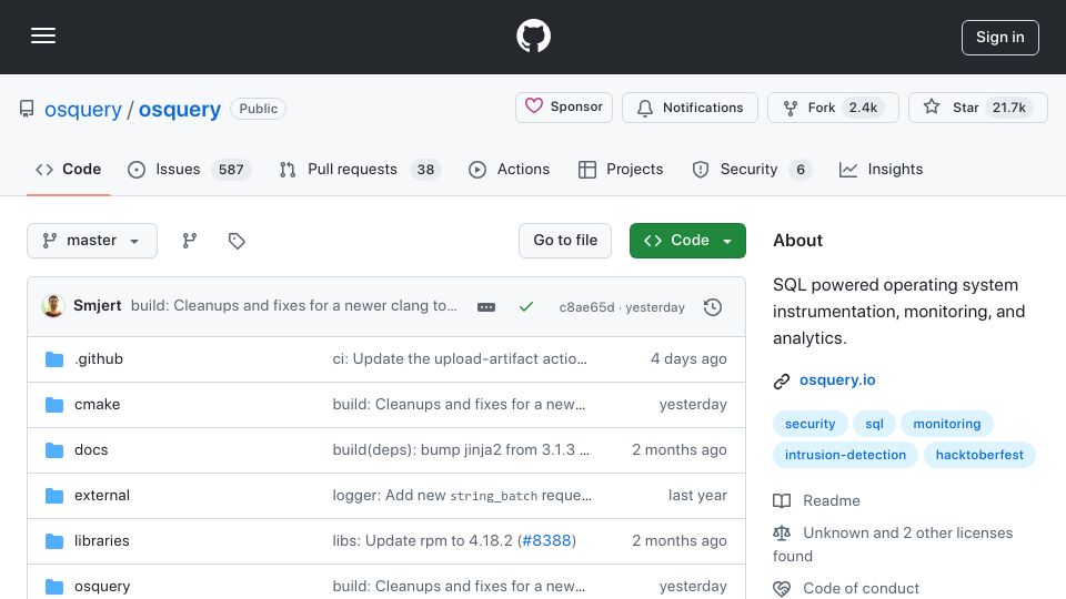 Screenshot of github.com: SQL powered operating system instrumentation, monitoring, and analytics