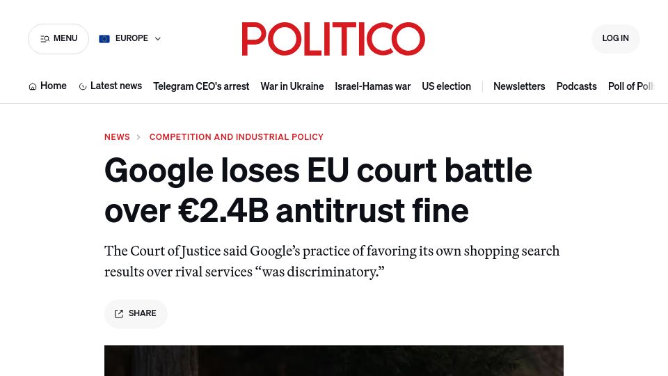 Screenshot of politico.eu: Google loses EU court battle over €2.4B antitrust fine