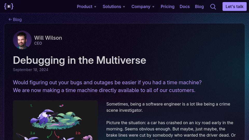 Screenshot of antithesis.com: Debugging in the Multiverse