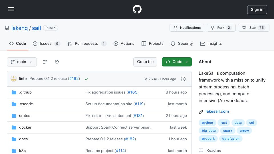 Screenshot of github.com: Sail – Faster and cheaper PySpark-compatible computation framework