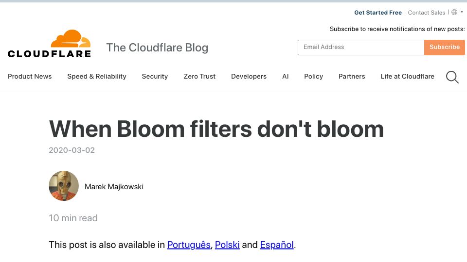 Screenshot of blog.cloudflare.com: When Bloom filters don't bloom (2020)