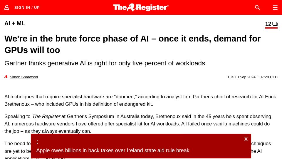 Screenshot of theregister.com: We're in the brute force phase of AI – once it ends, demand for GPUs will too