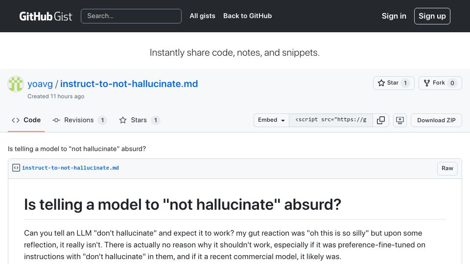 Screenshot of gist.github.com: Is telling a model to "not hallucinate" absurd?