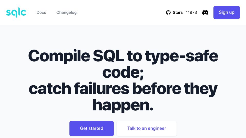 Screenshot of sqlc.dev: Sqlc: Compile SQL to type-safe code