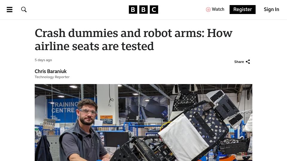 Screenshot of bbc.com: Crash dummies and robot arms: How airline seats are tested