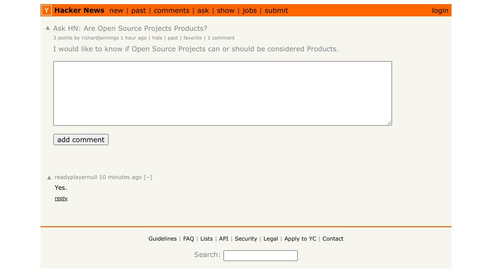 Screenshot of Hacker News post: Ask HN: Are Open Source Projects Products?
