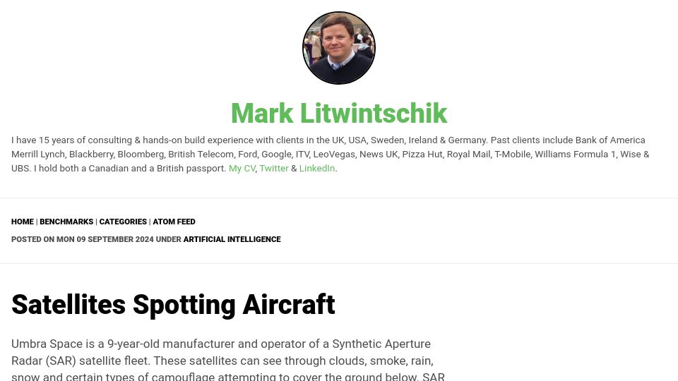 Screenshot of tech.marksblogg.com: Satellites Spotting Aircraft