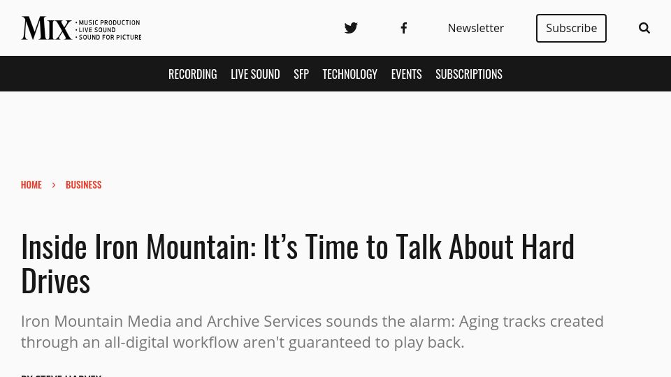 Screenshot of mixonline.com: Iron Mountain: It's Time to Talk About Hard Drives