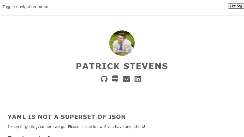 Screenshot of patrickstevens.co.uk: YAML is not a superset of JSON