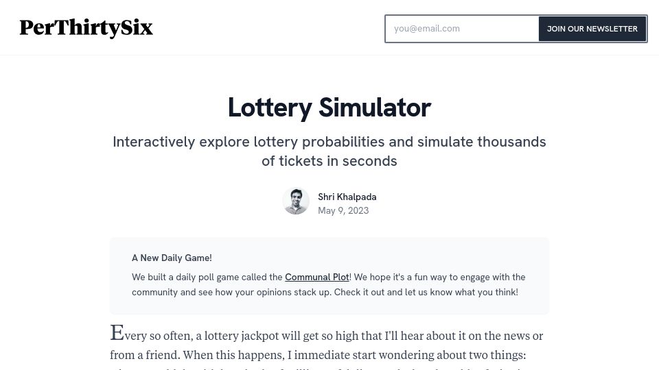 Screenshot of perthirtysix.com: Lottery Simulator (2023)