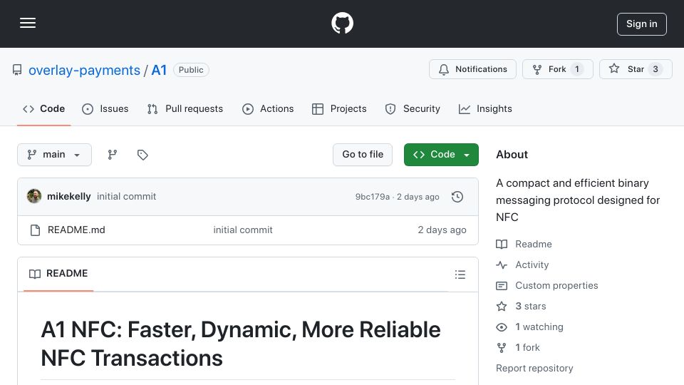 Screenshot of github.com: Show HN: A1 – Faster, Dynamic, More Reliable NFC Transactions