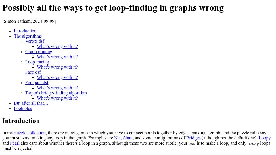 Screenshot of chiark.greenend.org.uk: Possibly all the ways to get loop-finding in graphs wrong