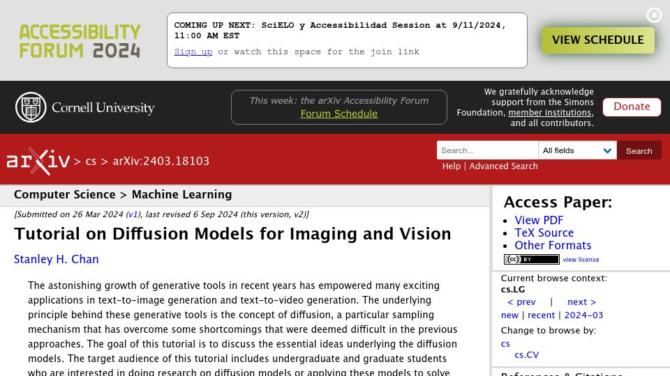 Screenshot of arxiv.org: Tutorial on diffusion models for imaging and vision