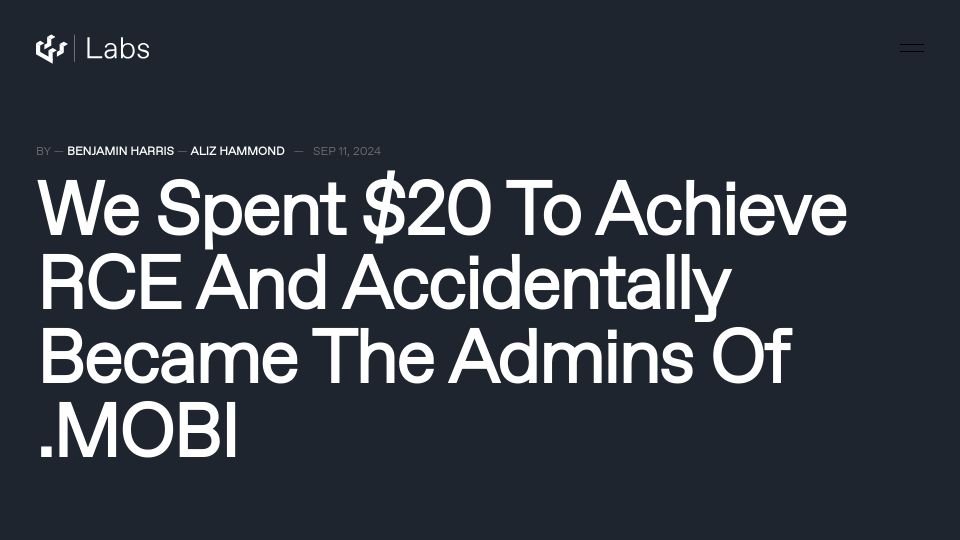 Screenshot of labs.watchtowr.com: We spent $20 to achieve RCE and accidentally became the admins of .mobi
