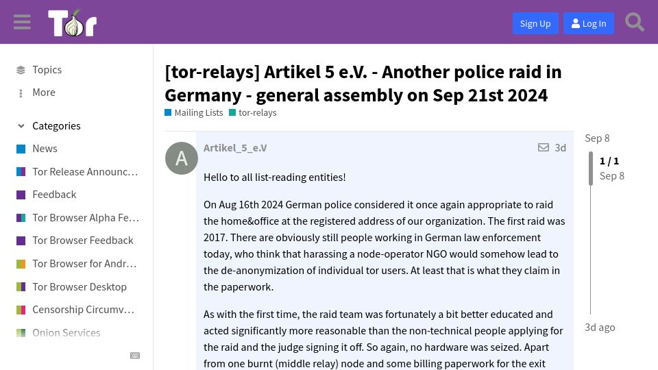 Screenshot of forum.torproject.org: Another police raid in Germany