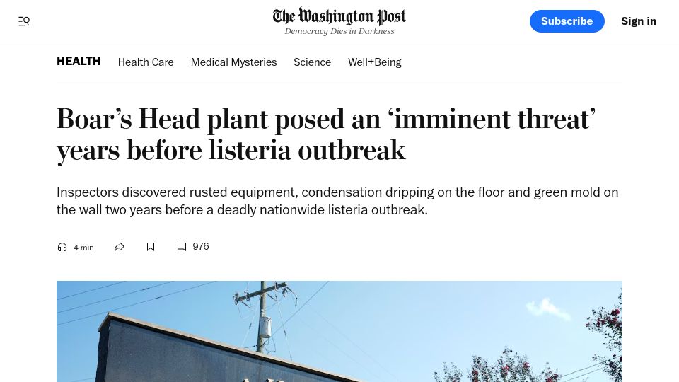 Screenshot of washingtonpost.com: Boar's Head plant posed an 'imminent threat' years before listeria outbreak