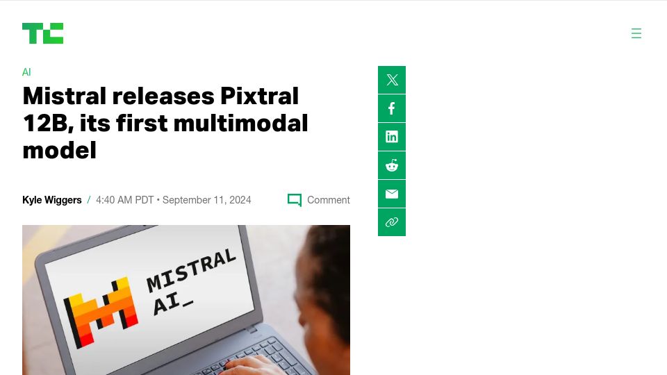 Screenshot of techcrunch.com: Mistral releases Pixtral 12B, its first multimodal model