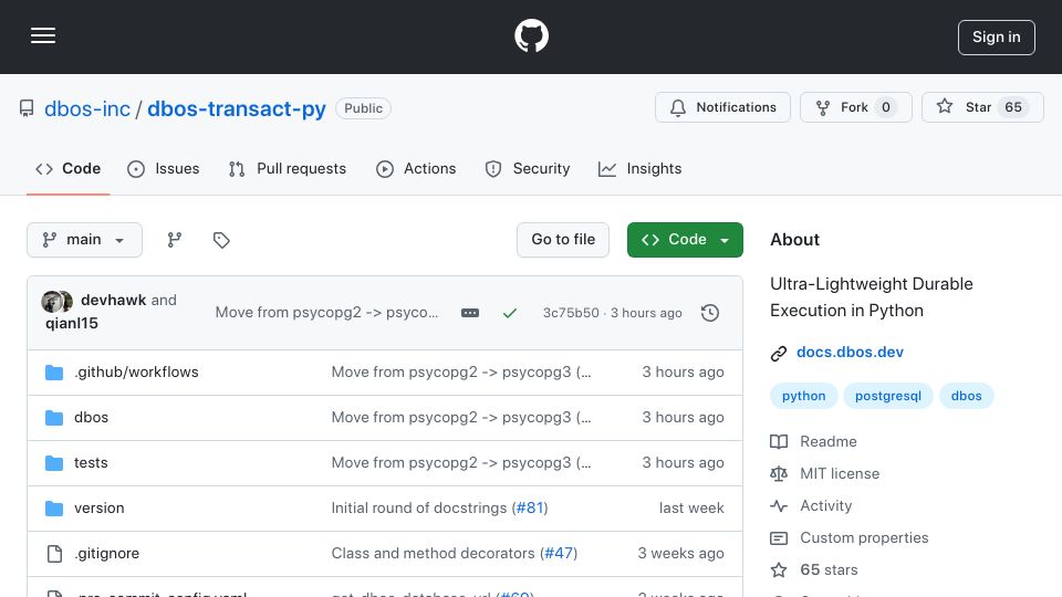 Screenshot of github.com: Show HN: DBOS transact – Ultra-lightweight durable execution in Python