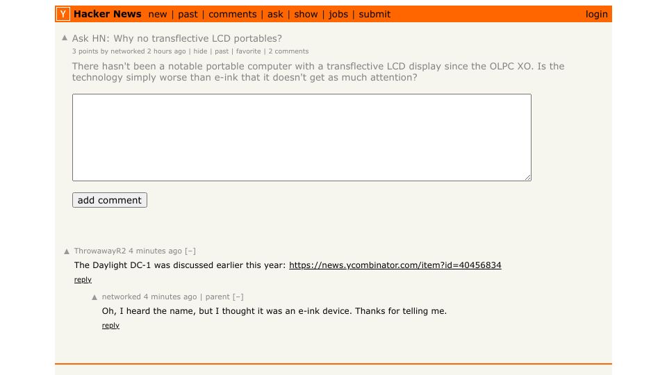 Screenshot of Hacker News post: Ask HN: Why no transflective LCD portables?