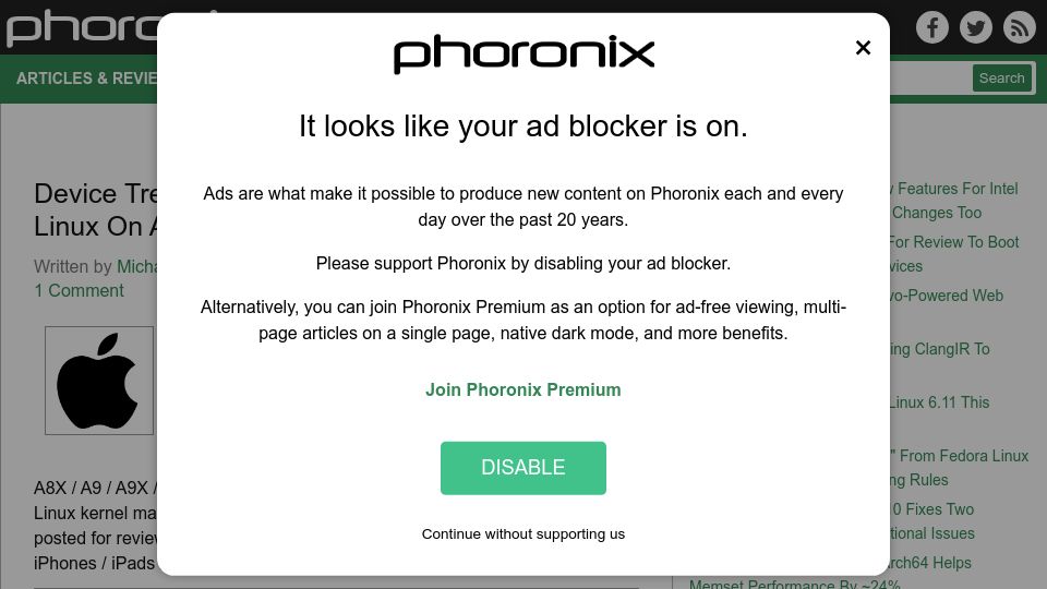 Screenshot of phoronix.com: Device Tree Patches Posted for Review to Boot Linux on Apple A7 to A11 Devices