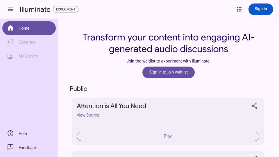 Screenshot of illuminate.google.com: Google Illuminate: Books and papers turned into audio
