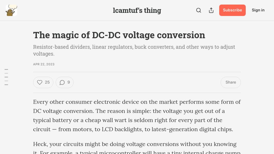 Screenshot of lcamtuf.substack.com: The magic of DC-DC voltage conversion (2023)