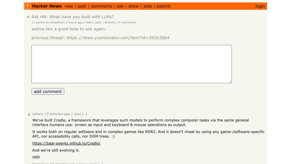 Screenshot of Hacker News post: Ask HN: What have you built with LLMs?