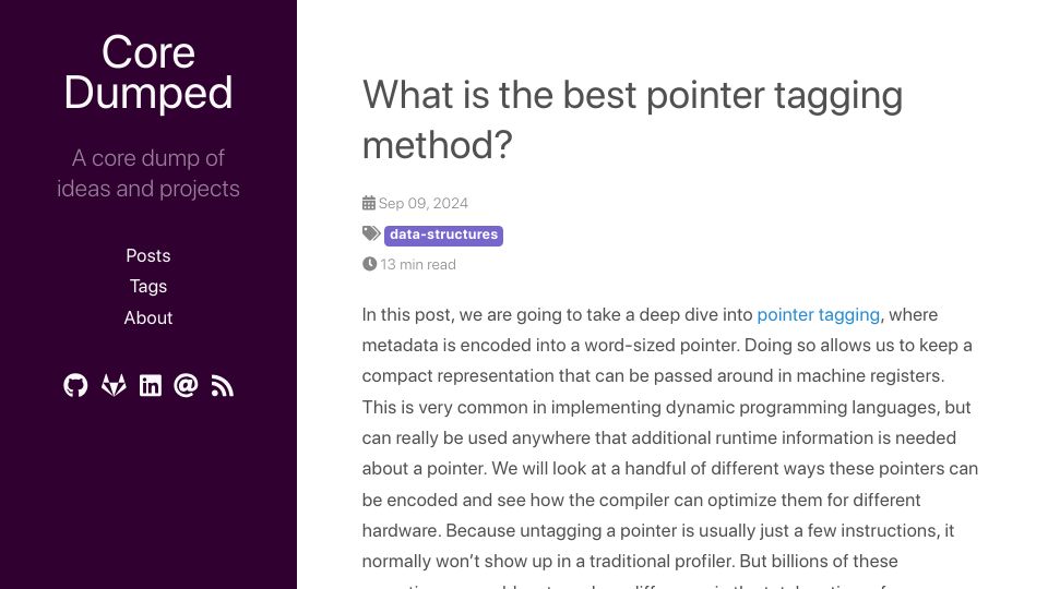 Screenshot of coredumped.dev: What is the best pointer tagging method?