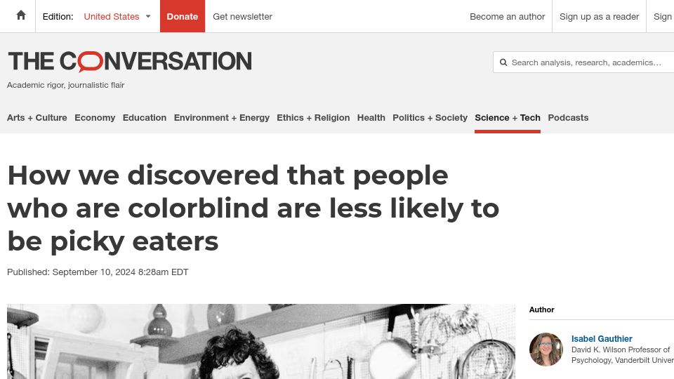 Screenshot of theconversation.com: People who are colorblind are less likely to be picky eaters
