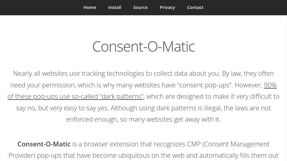 Screenshot of consentomatic.au.dk: Consent-O-Matic – automatically fills ubiquitous pop-ups with your preferences