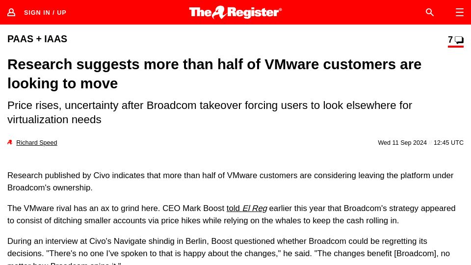 Screenshot of theregister.com: Research suggests more than half of VMware customers are looking to move