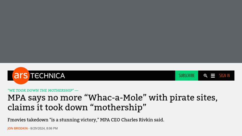 Screenshot of arstechnica.com: Movie industry touts takedown of " largest" pirate streaming ring