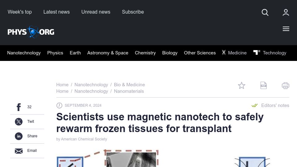 Screenshot of phys.org: Scientists use magnetic nanotech to safely rewarm frozen tissues for transplant