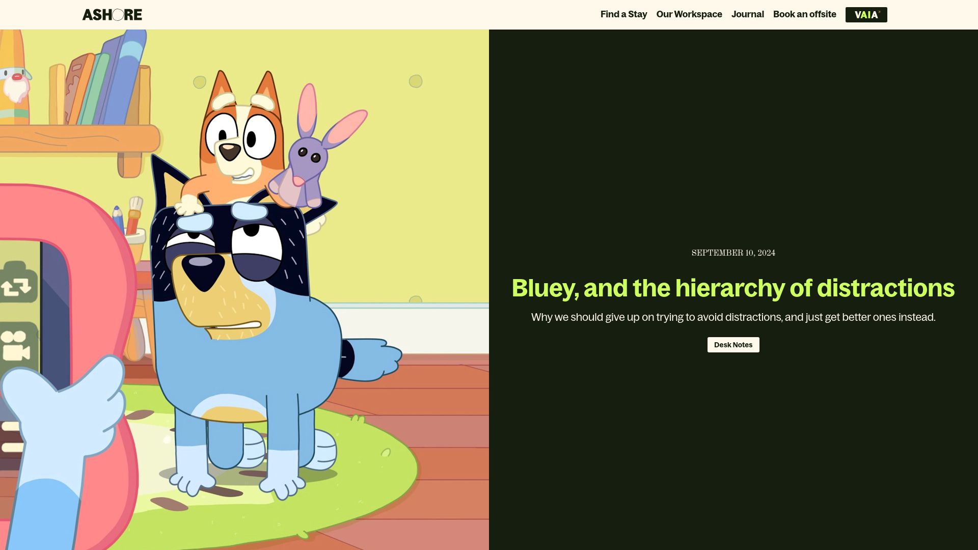 Screenshot of ashore.io: Stop trying to avoid distractions, just get better ones instead