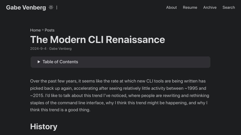 Screenshot of gabevenberg.com: The Modern CLI Renaissance