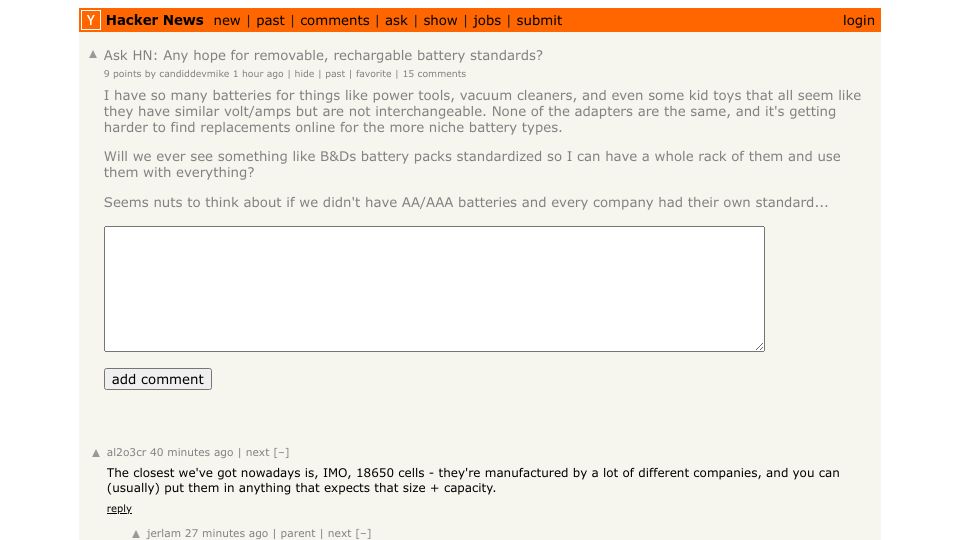 Screenshot of Hacker News post: Ask HN: Any hope for removable, rechargable battery standards?