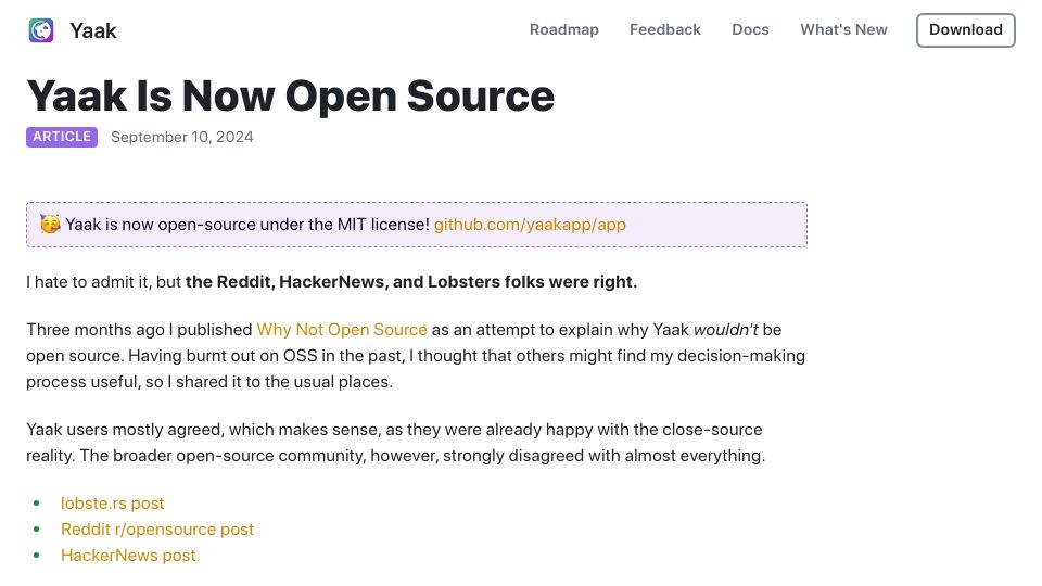 Screenshot of yaak.app: Yaak is now open source
