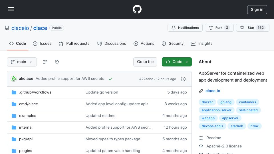 Screenshot of github.com: Show HN: Clace – Application Server with support for scaling down to zero