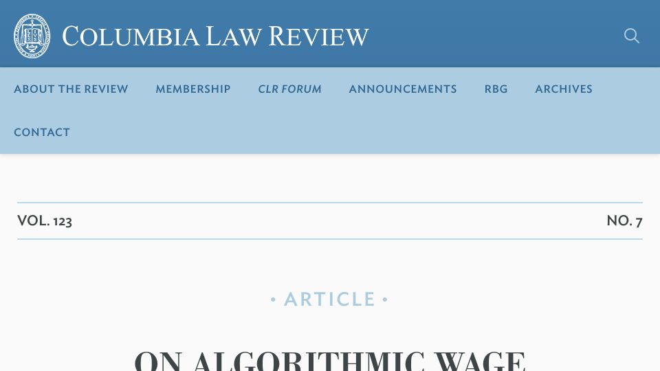 Screenshot of columbialawreview.org: Algorithmic Wage Discrimination (2023)