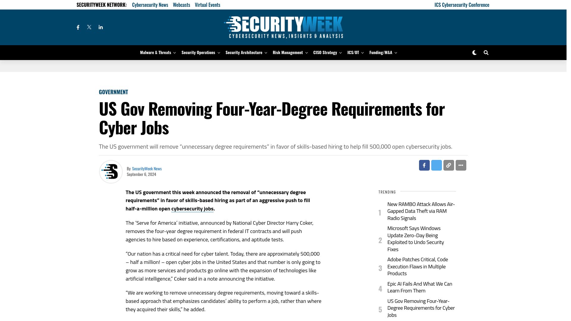 Screenshot of securityweek.com: US Gov Removing Four-Year-Degree Requirements for Cyber Jobs