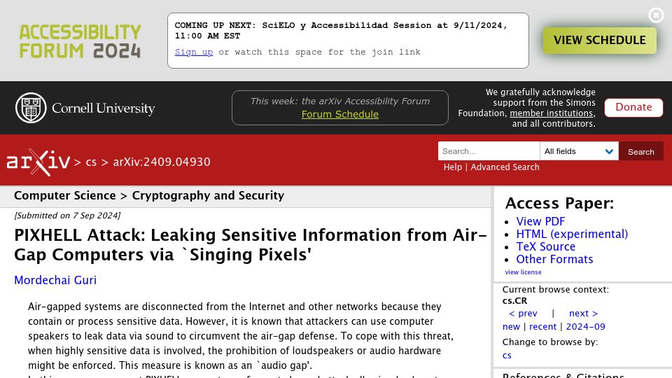 Screenshot of arxiv.org: Pixhell Attack: Leaking Info from Air-Gap Computers via 'Singing Pixels'
