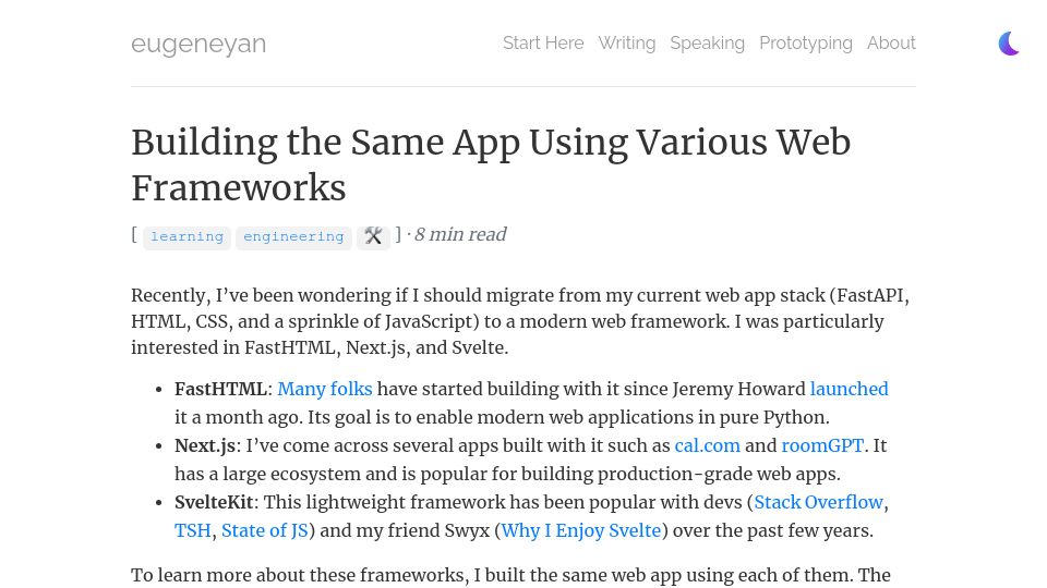 Screenshot of eugeneyan.com: Building the same app using various web frameworks