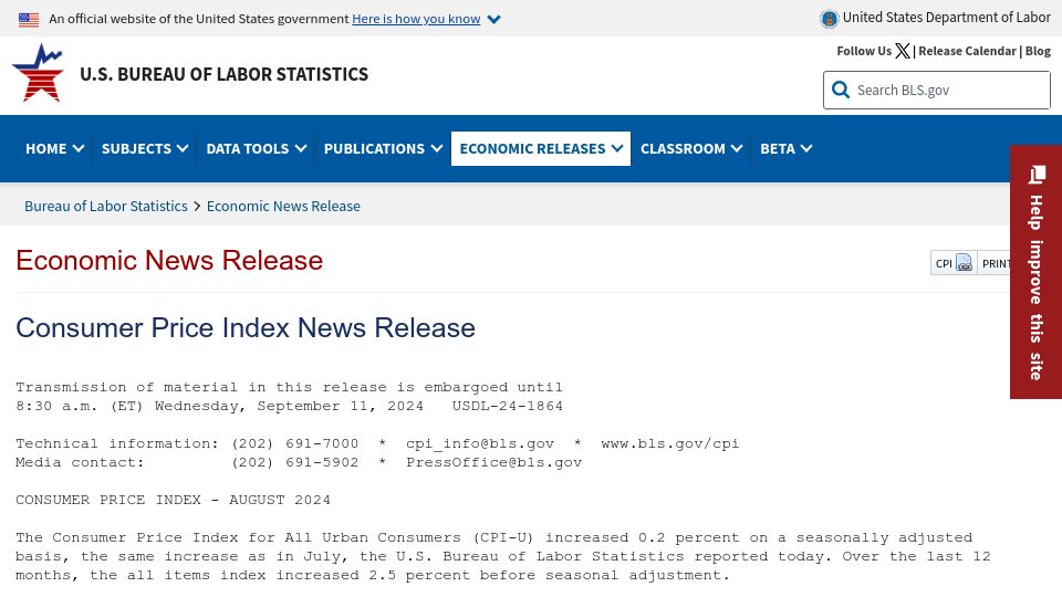 Screenshot of bls.gov: CPI for all items rises 2.5%; shelter up