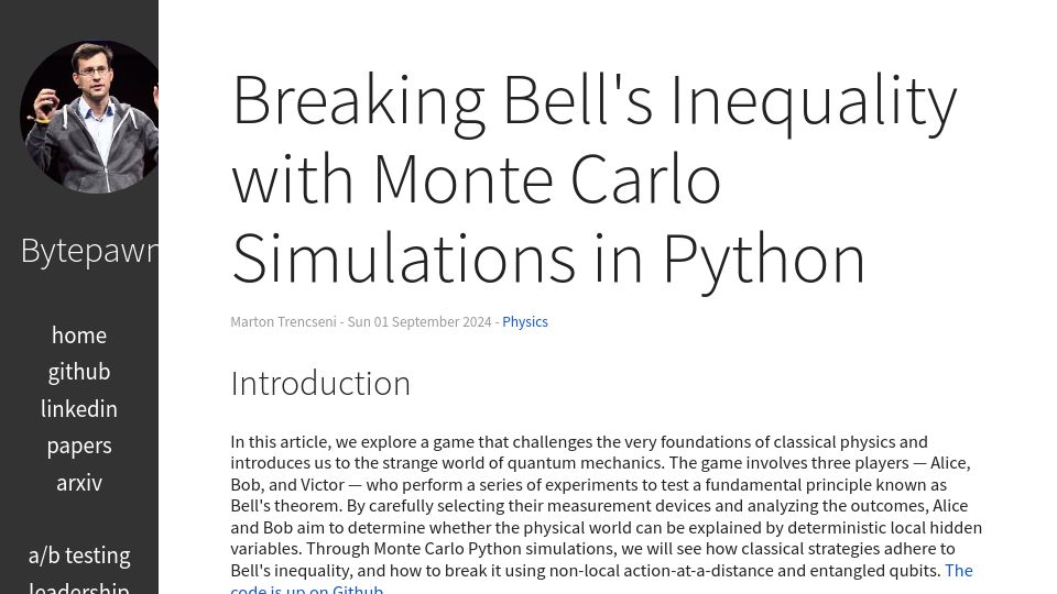 Screenshot of bytepawn.com: Breaking Bell's Inequality with Monte Carlo Simulations in Python