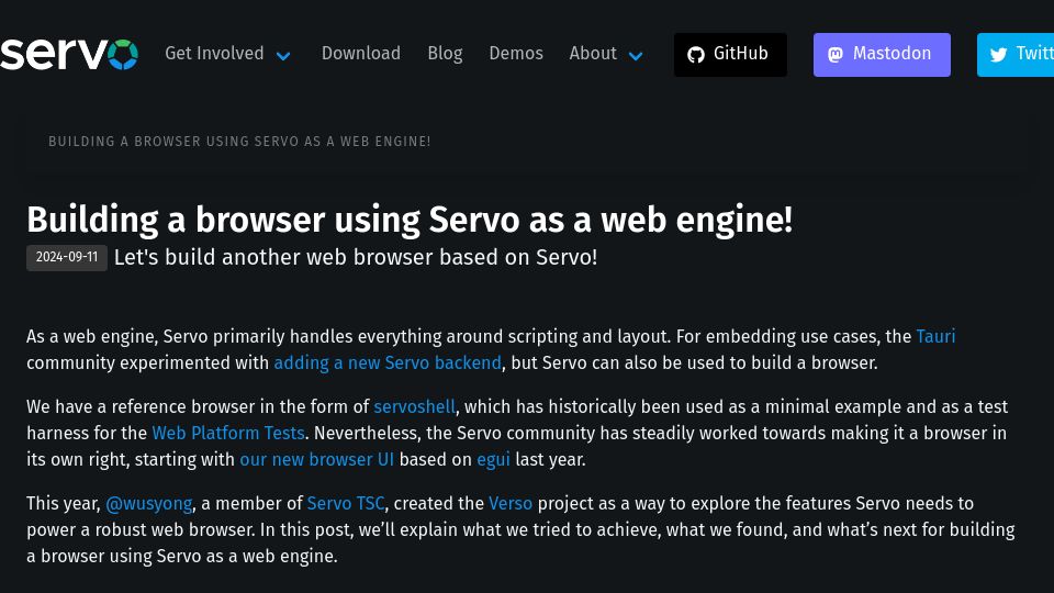 Screenshot of servo.org: Building a browser using Servo as a web engine