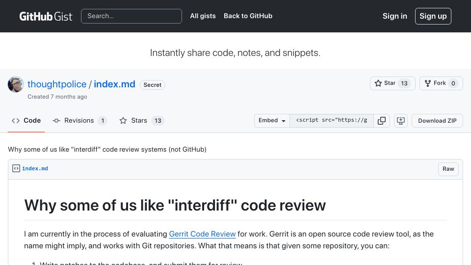 Screenshot of gist.github.com: Some of us like "interdiff" code review