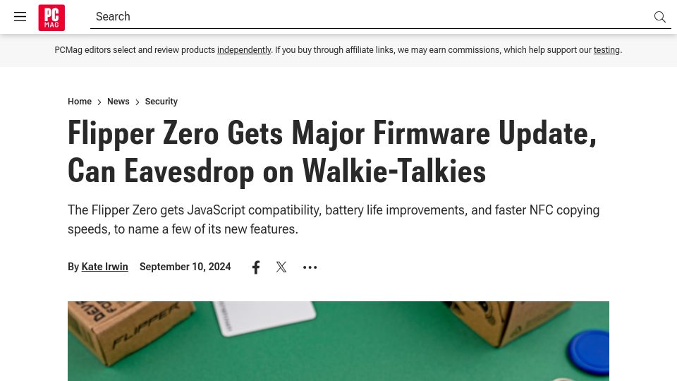Screenshot of pcmag.com: Flipper Zero Gets Major Firmware Update, Can Eavesdrop on Walkie-Talkies