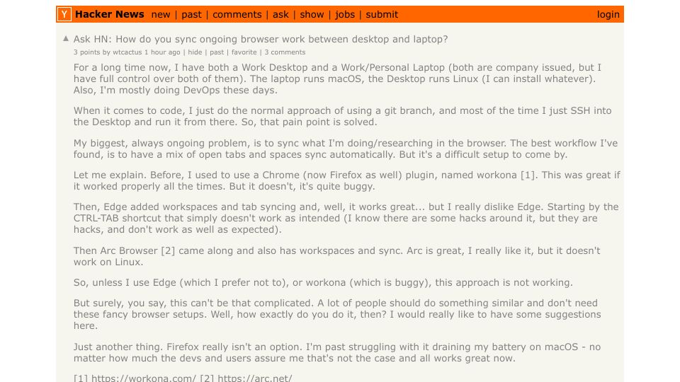 Screenshot of Hacker News post: Ask HN: How do you sync ongoing browser work between desktop and laptop?