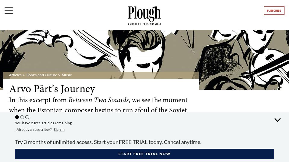 Screenshot of plough.com: Arvo Pärt's Journey